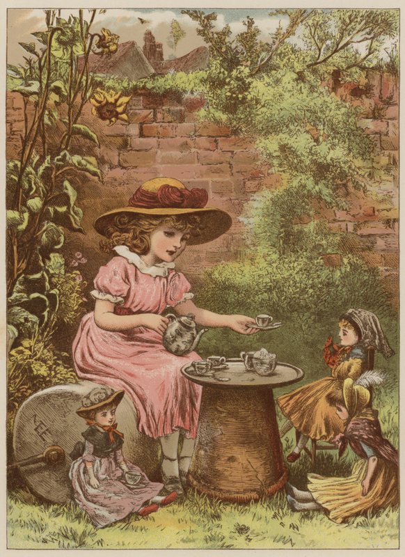 Dziewczyna podająca herbatę swoim lalkom (chromolitho) autorstwa Mary Ellen Edwards