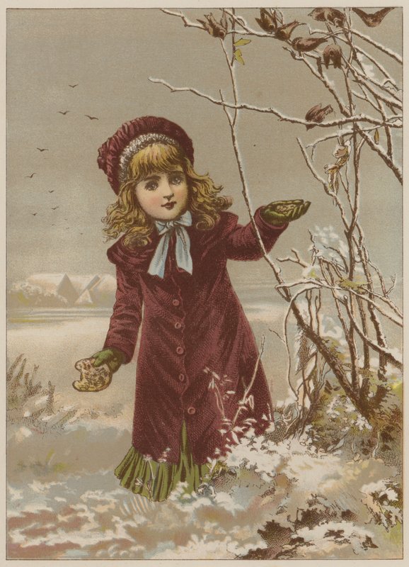 Dziewczyna biorąca chleb do karmienia ptaków na śniegu (chromolitho) autorstwa Mary Ellen Edwards