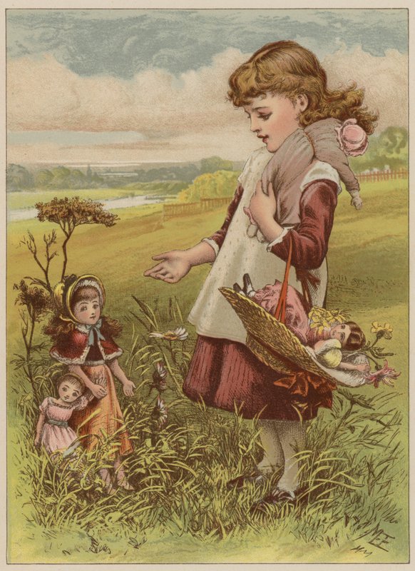 Dziewczyna zabierająca lalki na spacer (chromolitho) autorstwa Mary Ellen Edwards