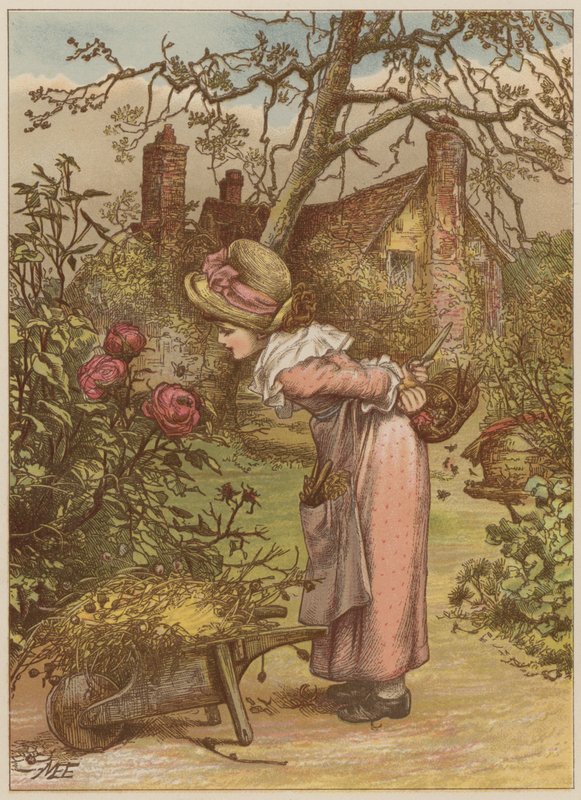 Dziewczyna obserwująca pszczołę w ogrodzie (chromolitho) autorstwa Mary Ellen Edwards
