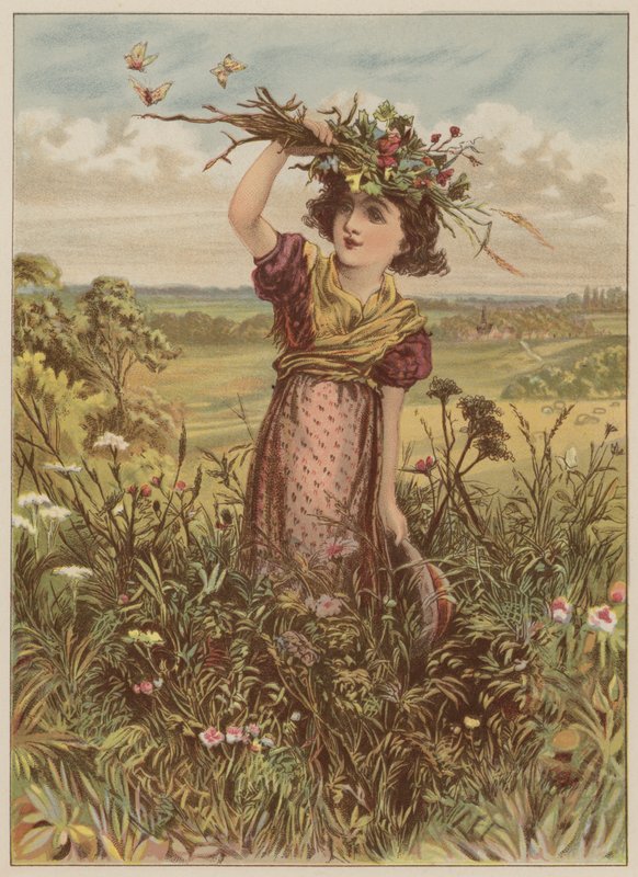 Dziewczyna z kwiatami i motylami (chromolitho) autorstwa Mary Ellen Edwards