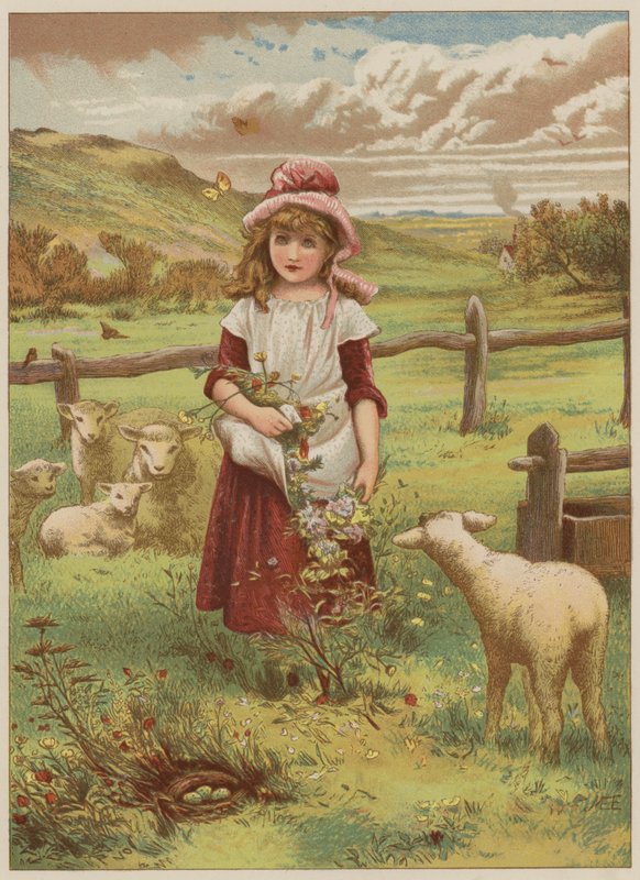 Dziewczynka z wiosenną jagnięciną (chromolitho) autorstwa Mary Ellen Edwards