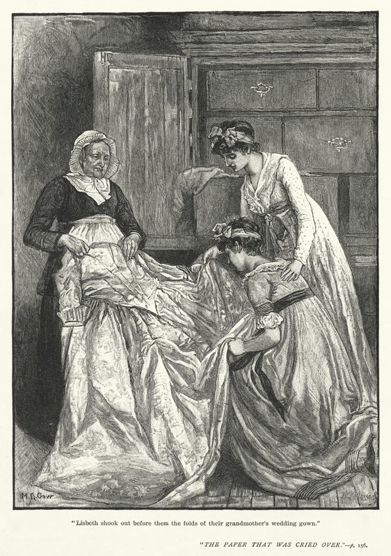 „Lisbeth otrząsnęła przed nimi fałdy sukni ślubnej ich babci” (rycina) autorstwa Mary L. Gow