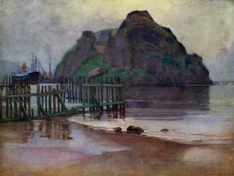Odpływ o świcie, Dumbarton Rock (kolor lito) autorstwa Mary Young Hunter