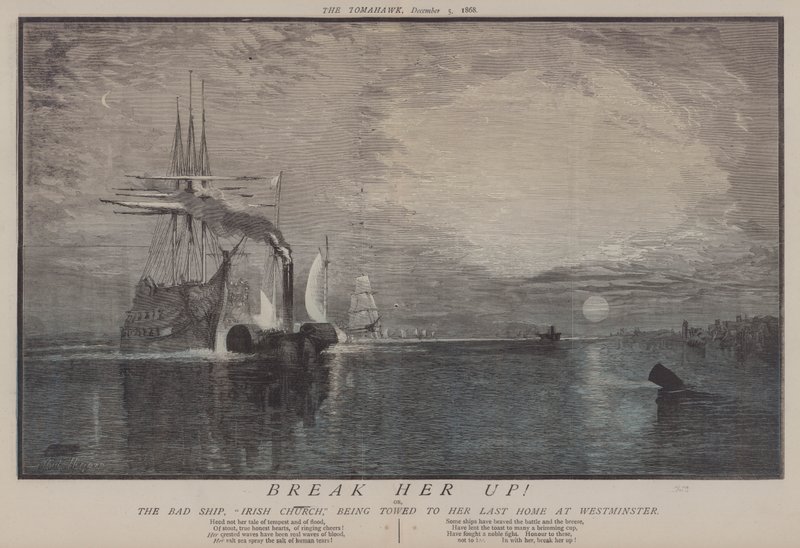 Zerwij ją! lub The Bad Ship Irish Church holowany do swojego ostatniego domu w Westminster (kolor lito) autorstwa Matthew