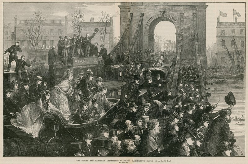 Wyścig łodzi w Oxfordzie i Cambridge: Hammersmith Bridge w dniu wyścigu (grawerowanie) autorstwa Matthew White Ridley