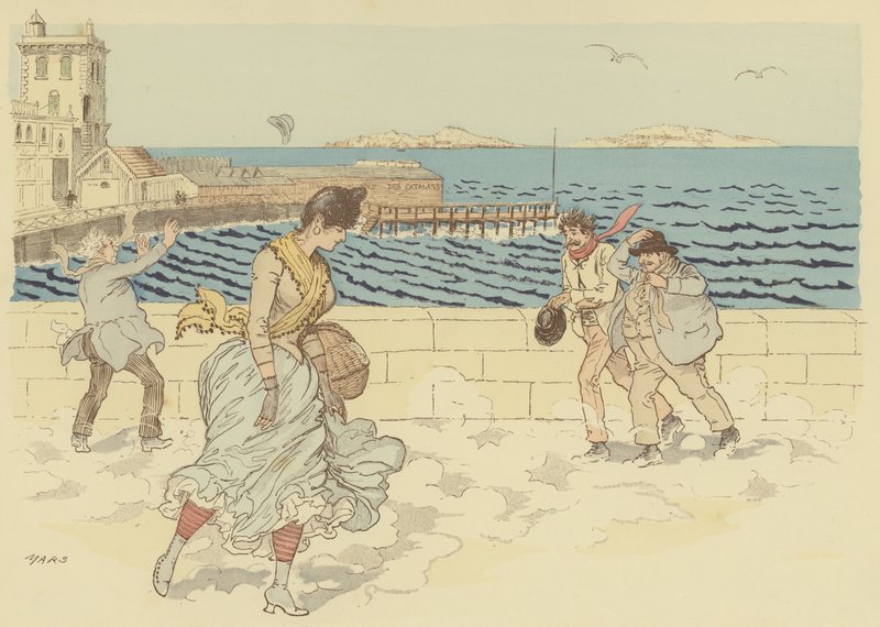Mistral na wietrzny dzień na Promenade de la Corniche, Marsylia, Francja (kolor lito) autorstwa Maurice Charles Mathieu Bonvoisin