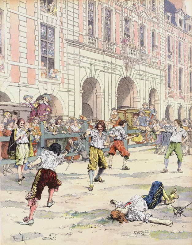 Boutteville i Beuvron toczą pojedynek na Place Royale autorstwa Maurice Leloir