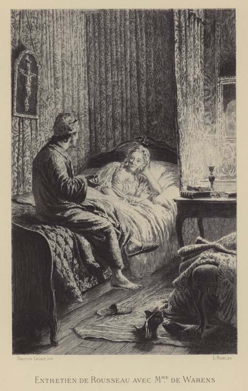 Rozmowa Rousseau i Madame de Warens (grafika) autorstwa Maurice Leloir