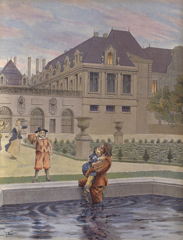 Upadek młodego Ludwika XIV do basenu Palais-Royal autorstwa Maurice Leloir
