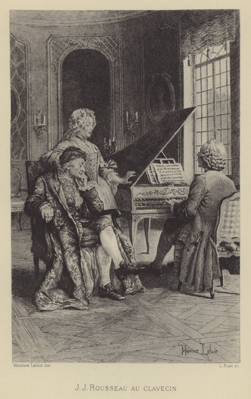 Jean-Jacques Rousseau przy klawesynie (wklęsłodruk) autorstwa Maurice Leloir