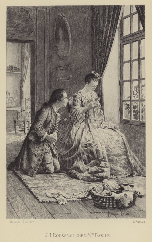 Jean-Jacques Rousseau w domu Madame Basile (wklęsłodruk) autorstwa Maurice Leloir