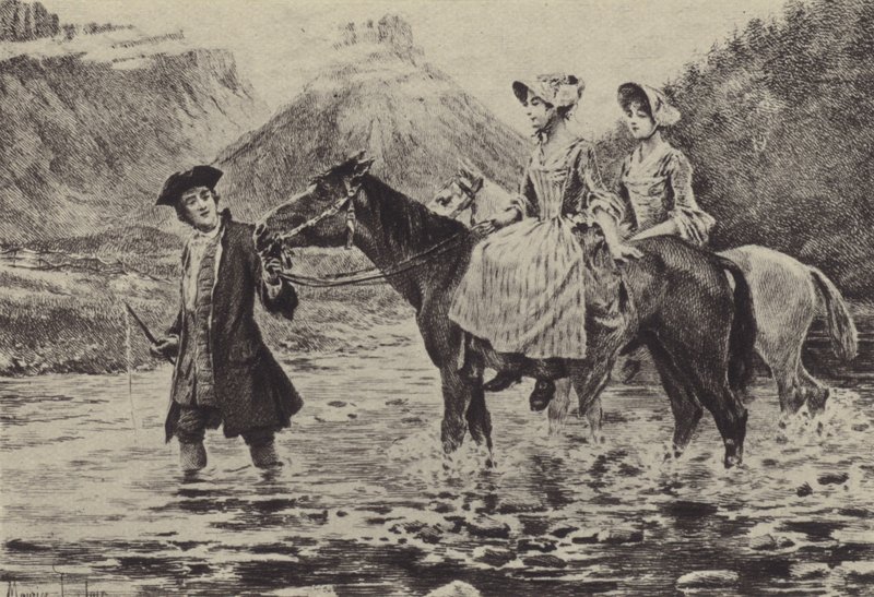 Jean-Jacques Rousseau pomaga dwóm młodym kobietom przejść przez strumień (wklęsłodruk) autorstwa Maurice Leloir