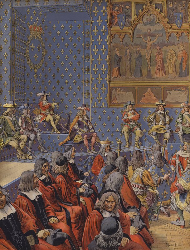 Król Ludwik XIV siedzący w butach w Parlamencie autorstwa Maurice Leloir