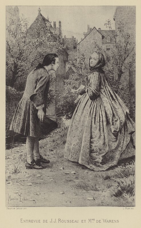 Spotkanie Jean-Jacques Rousseau i Madame de Warens (rycina) autorstwa Maurice Leloir
