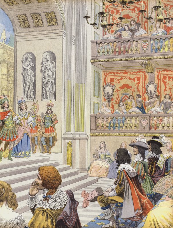 Spektakl w teatrze Palais Cardinal of Mirame, sztuka napisana przez Richelieu i Desmarets autorstwa Maurice Leloir