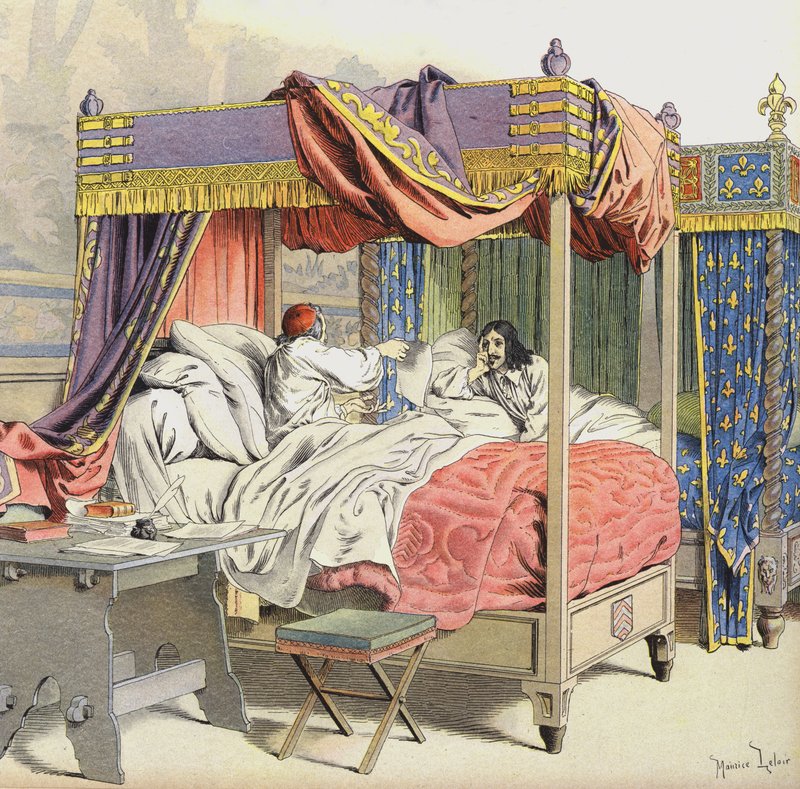 Richelieu i król Ludwik XIII w sąsiednich łóżkach w czasie spisku Cinq-Mars autorstwa Maurice Leloir