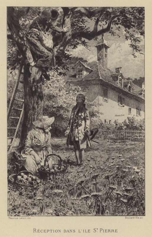 Recepcja Rousseau w Ile St Pierre (grafika) autorstwa Maurice Leloir