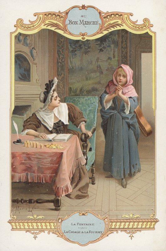 Scena z bajki Jeana de la Fontaines La Cigale et la Fourmi (Mrówka i konik polny) (chromolitho) autorstwa Maurice Leloir
