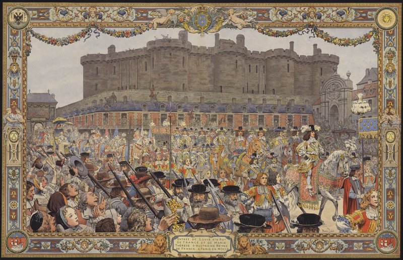 Wjazd króla Ludwika XIV i jego królowej do Paryża przez La Porte Sainte-Antoine autorstwa Maurice Leloir