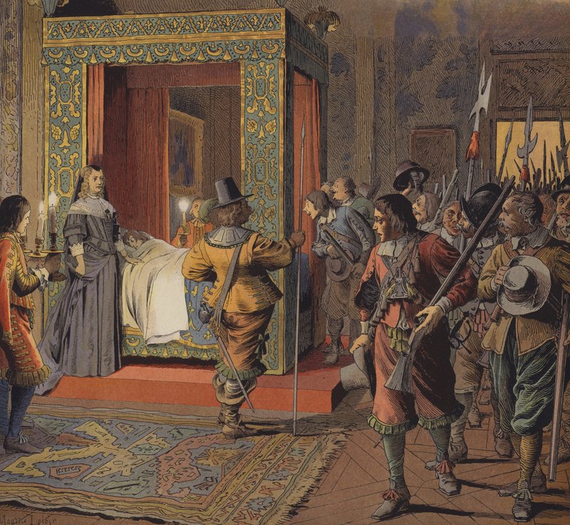 W nocy 9 lutego 1651 r. milicja przeszła obok łóżka młodego Ludwika XIV autorstwa Maurice Leloir