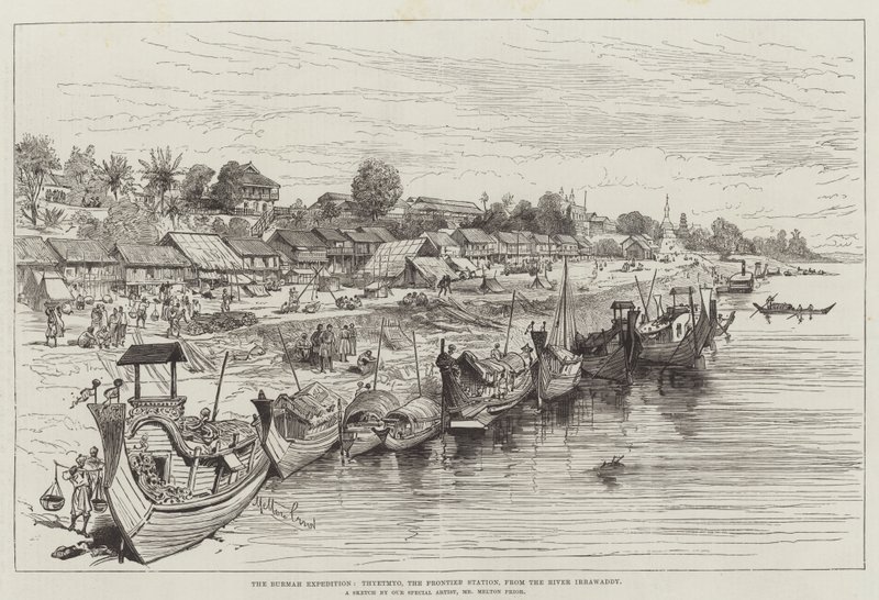 Wyprawa Birmańska, Thayetmyo, stacja graniczna, od rzeki Irrawaddy autorstwa Melton Prior