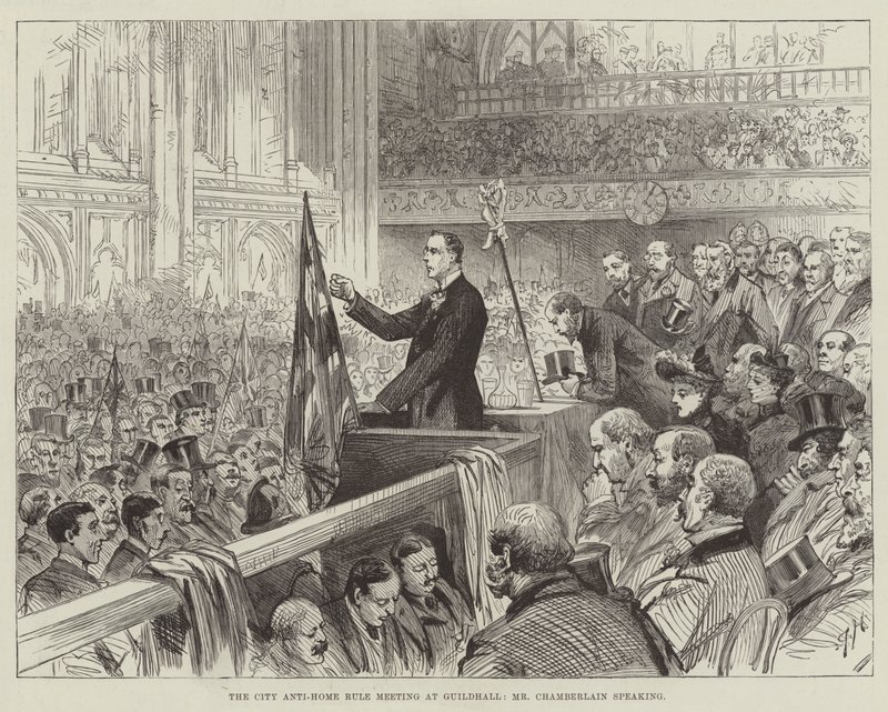 Miejskie spotkanie antydomowe w Guildhall, przemawia pan Chamberlain autorstwa Melton Prior
