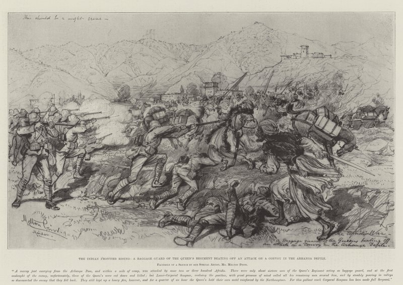 Indian Frontier Rising, straż bagażowa pułku królowej odpiera atak na konwój w Defile Arhanga autorstwa Melton Prior