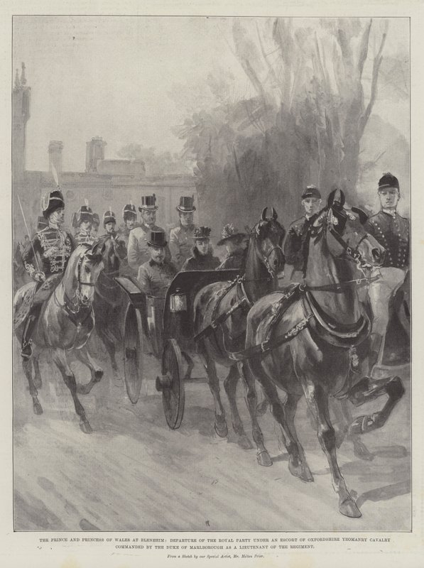 Książę i księżna Walii w Blenheim, wyjazd partii królewskiej pod eskortą kawalerii Yeomanry z Oxfordshire dowodzonej przez księcia Marlborough jako porucznik pułku autorstwa Melton Prior