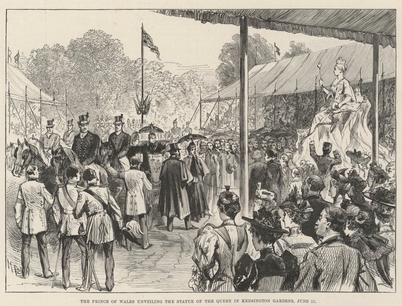 Książę Walii odsłania posąg królowej w Kensington Gardens, 28 czerwca autorstwa Melton Prior