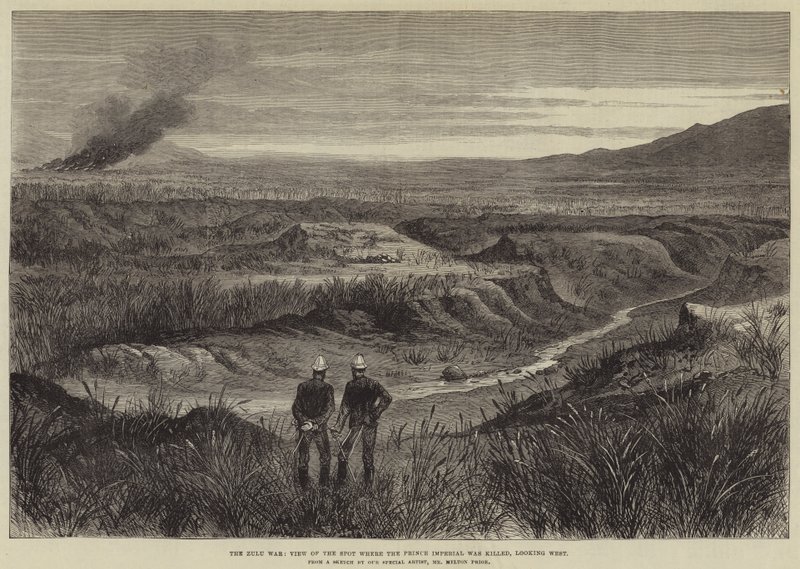 Wojna Zulusów, widok miejsca, w którym zginął książę Imperial, patrząc na zachód autorstwa Melton Prior