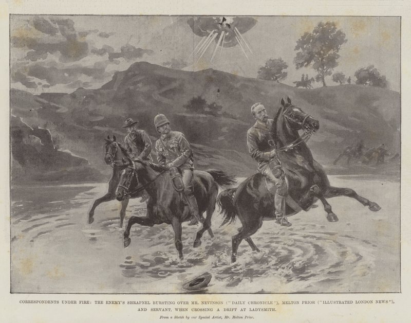 Korespondenci pod ogniem, Odłamek wroga przebijający się nad Mr Nevinsonem (Daily Chronicle), Melton Prior (Illustrated London News) i Sługą podczas przekraczania Drift w Ladysmith autorstwa Melton Prior