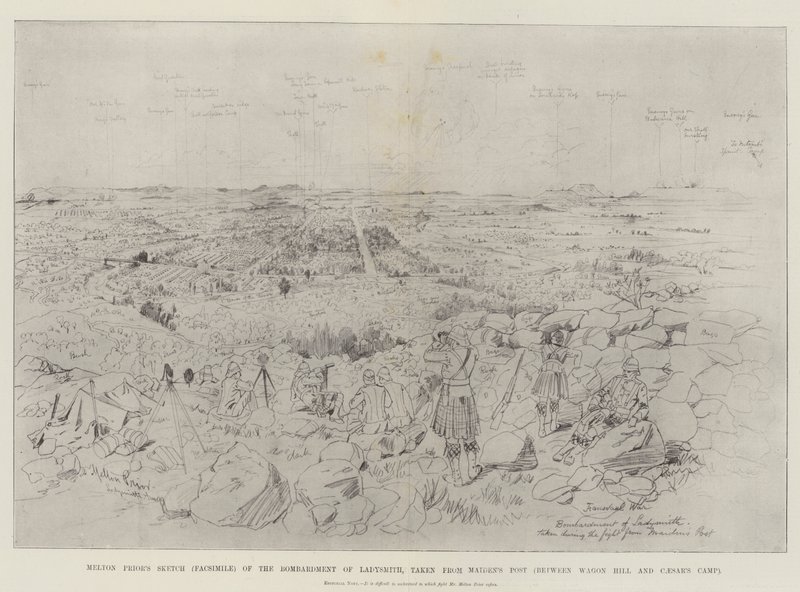 Szkic Melton Priora (faksymile) bombardowania Ladysmith, zaczerpnięty z Poczty Dziewicy (między Wagon Hill a Obozem Cezara) autorstwa Melton Prior