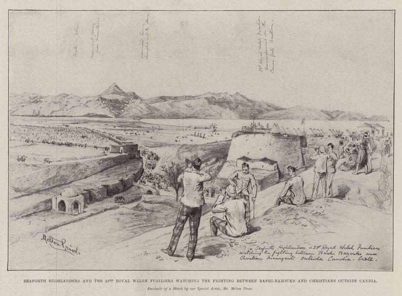 Seaforth Highlanders i 23. Królewskich Fizylierów Walijskich obserwują walkę między Bashi-Bazouks a chrześcijanami poza Candia autorstwa Melton Prior