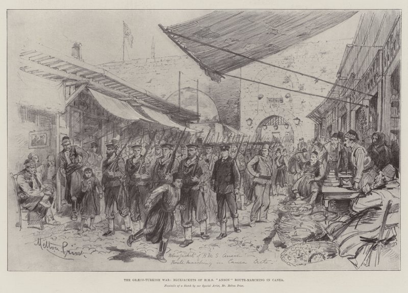 Wojna grecko-turecka, Bluejackets of HMS Anson Route-Marching in Canea autorstwa Melton Prior