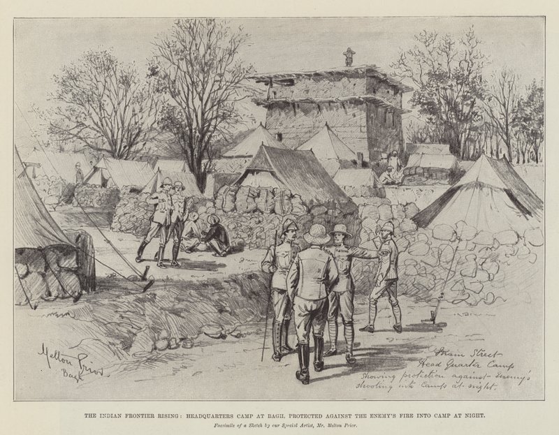 Indian Frontier Rising, kwatera główna w Bagh, chroniona przed ogniem wroga w obozie w nocy autorstwa Melton Prior