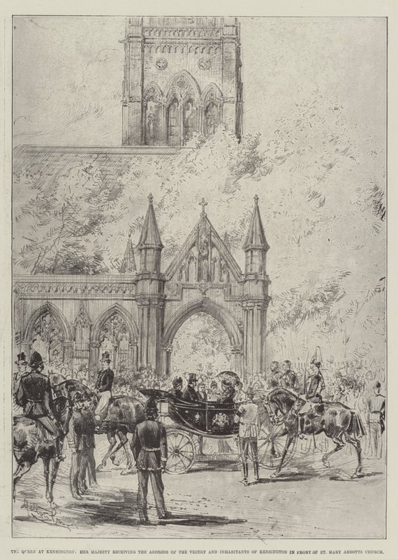 Królowa w Kensington, Jej Wysokość odbierająca adres zakrystii i mieszkańców Kensington przed kościołem St Mary Abbotts autorstwa Melton Prior
