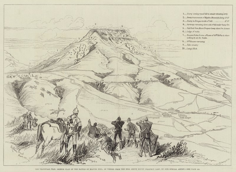 Wojna Transwalu, szkicowy plan bitwy o wzgórze Majuba, widziany ze wzgórza nad Mount Prospect Camp autorstwa Melton Prior