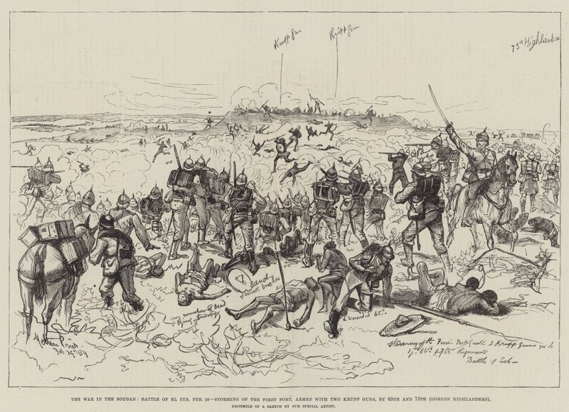 Wojna w Soudanie, bitwa pod El Teb, 29 lutego, szturm na pierwszy fort, uzbrojony w dwa działa Kruppa, przez 65. i 75. pułk Gordon Highlanders autorstwa Melton Prior