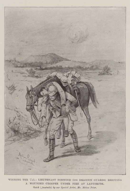 Zdobycie VC, porucznik Norwood (5th Dragoon Guards) ratujący rannego żołnierza pod ostrzałem w Ladysmith autorstwa Melton Prior