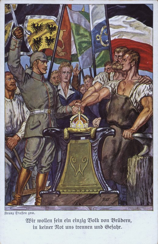 Jedność narodów niemieckich, pocztówka propagandowa (litografia kolorowa) autorstwa Mesopotamian