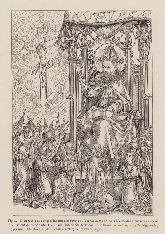 Bóg objawiający aniołom przyszłe wcielenie Słowa (rycina) autorstwa Michael (after) Wolgemut or Wolgemuth