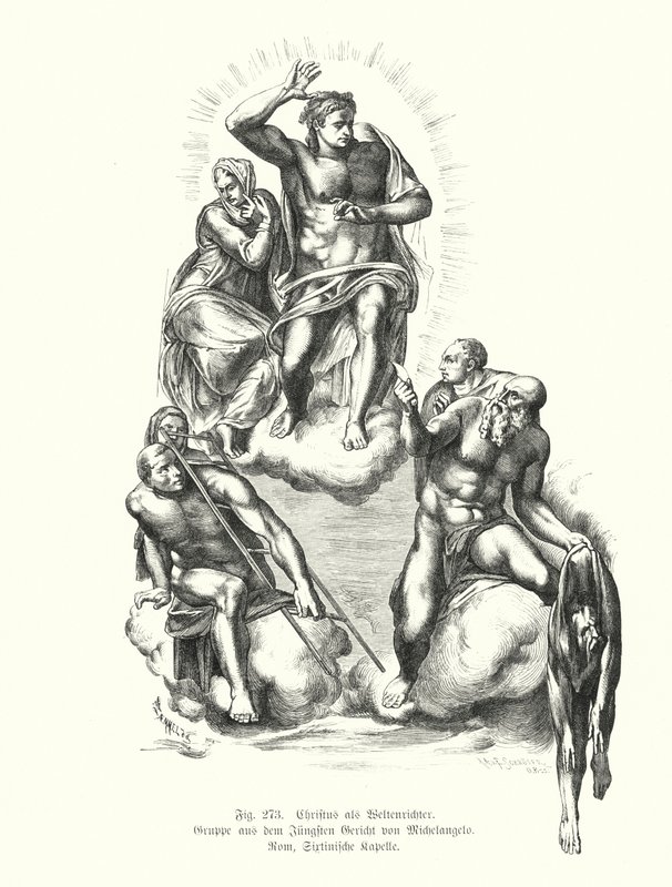 Chrystus Sędzia, fragment z Sądu Ostatecznego Michała Anioła, obraz na ścianie ołtarza Kaplicy Sykstyńskiej, Bazylika Św. Piotra, Rzym, Włochy (rycina) autorstwa Michelangelo (after) Buonarroti