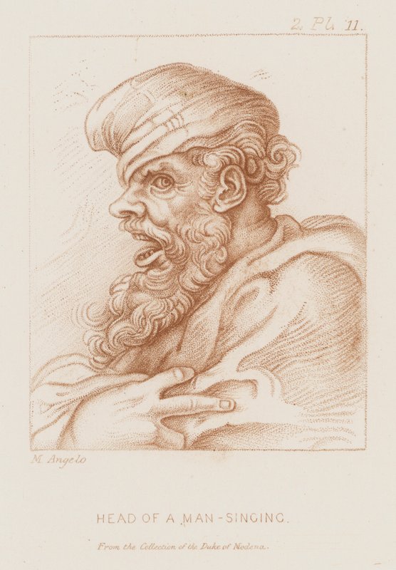 Głowa mężczyzny śpiewającego (akwaforta) autorstwa Michelangelo (after) Buonarroti