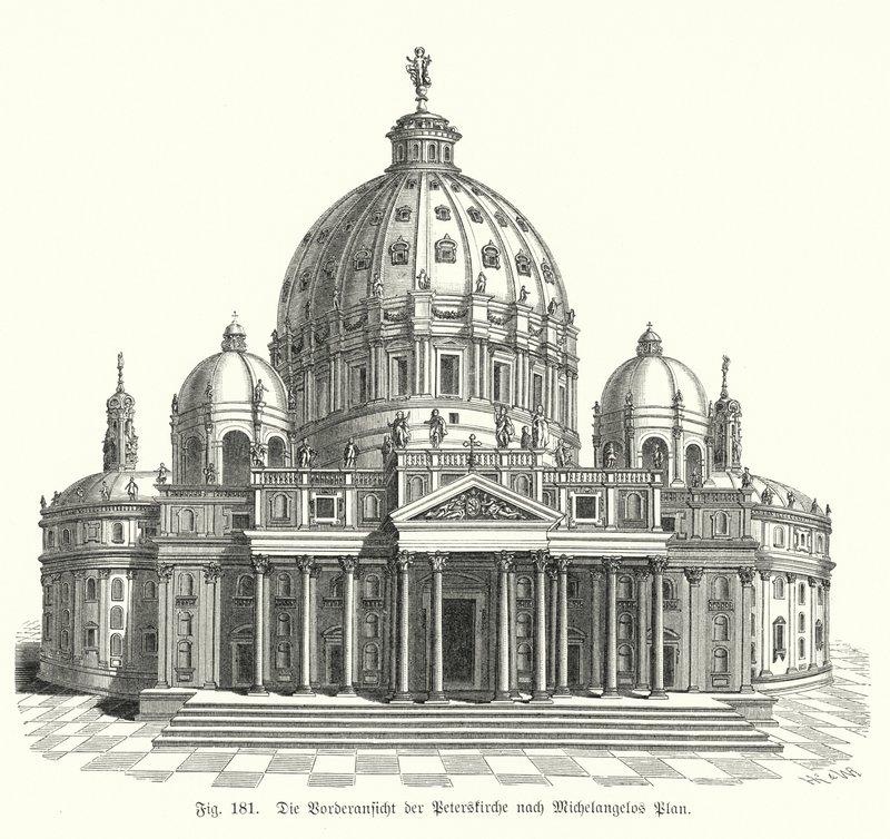Widok projektu Michała Anioła na fasadę Bazyliki Św. Piotra, Rzym, Włochy (rycina) autorstwa Michelangelo (after) Buonarroti