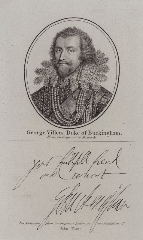 George Villiers książę Buckingham, angielski dworzanin, polityk i ulubieniec króla Jakuba I (grafika) autorstwa Michiel Janszoon van (after) Miereveldt