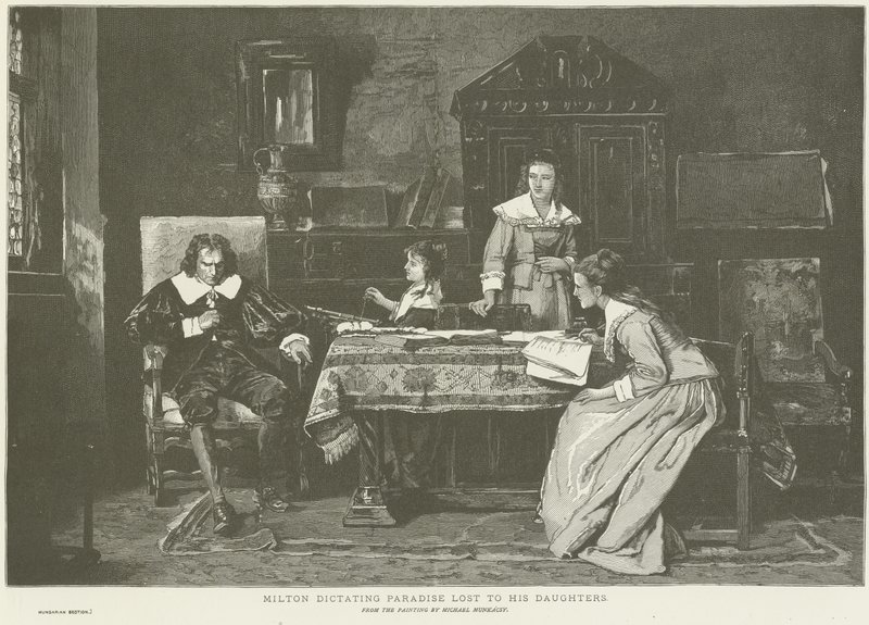John Milton dyktujący córkom Raj utracony autorstwa Mihály Munkácsy