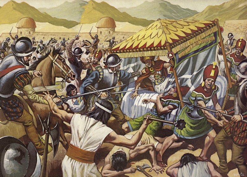 Hiszpanie obalają imperium Inków w Peru. (kolorowa litografia) autorstwa Mike (20th century) White
