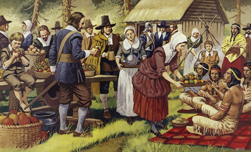 Pierwsze Święto Dziękczynienia w 1621 roku, rok po tym, jak Ojcowie Pielgrzymi opuścili Stary Świat (kolorowa litografia) autorstwa Mike (20th century) White