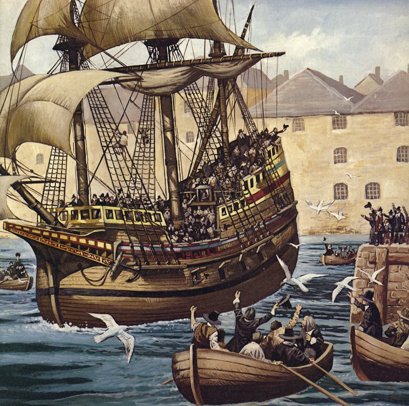 Westward Ho! Mayflower opuszcza Plymouth Ho 16 września 1620 r. (kolorowa litografia) autorstwa Mike (20th century) White